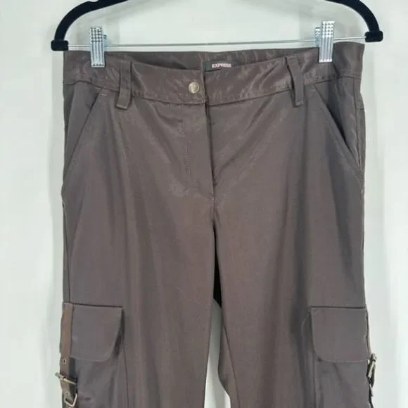 Y2K Express Cargo Floral Embroidered Wide Leg Pants Brown Size‎ 4 Satin VTG - Picture 5 of 16